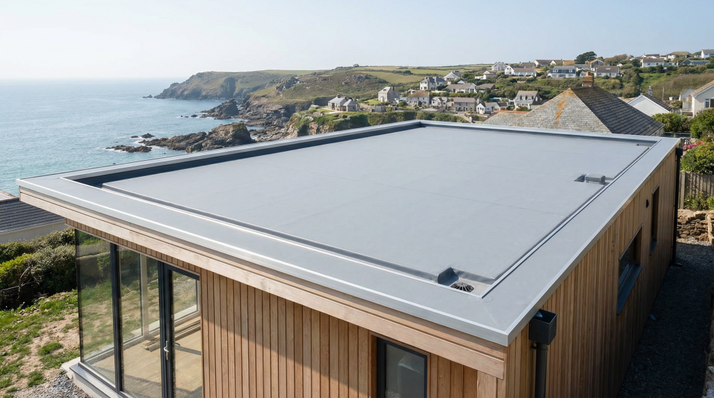 Modern flat rubber roof on a seaside home in Cornwall