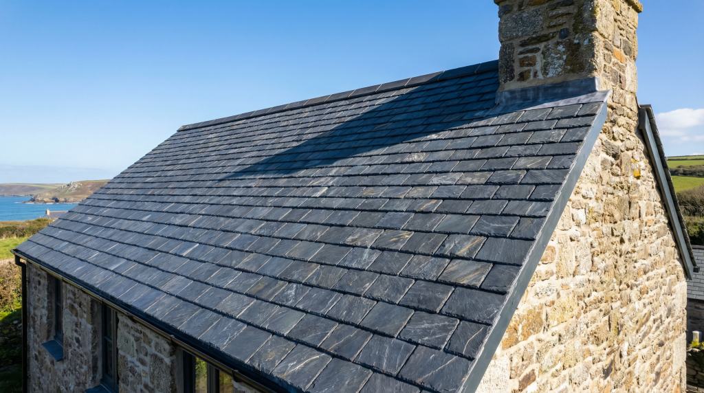 Close-up of slate roof with chimney stack against a blue sky
